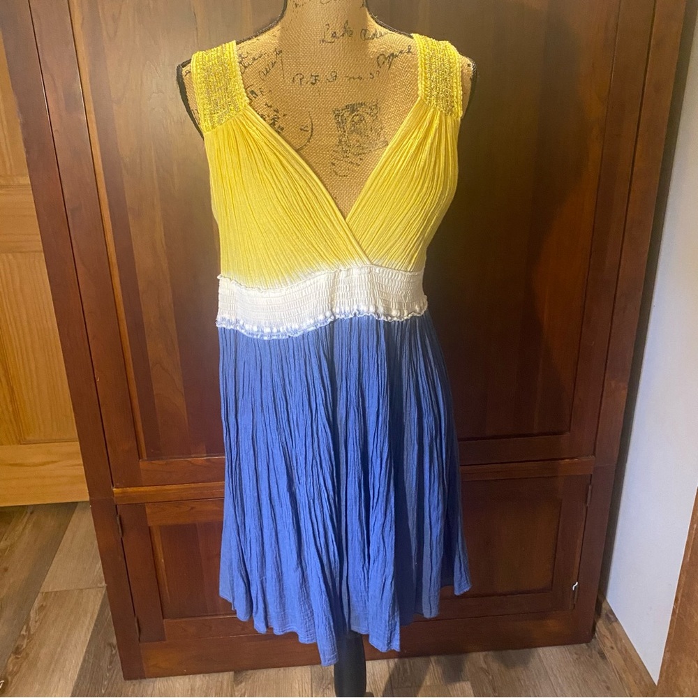 Women’s Summer Dress Gauze Yellow Blue White Colorblock Gold Greek Key Goddess